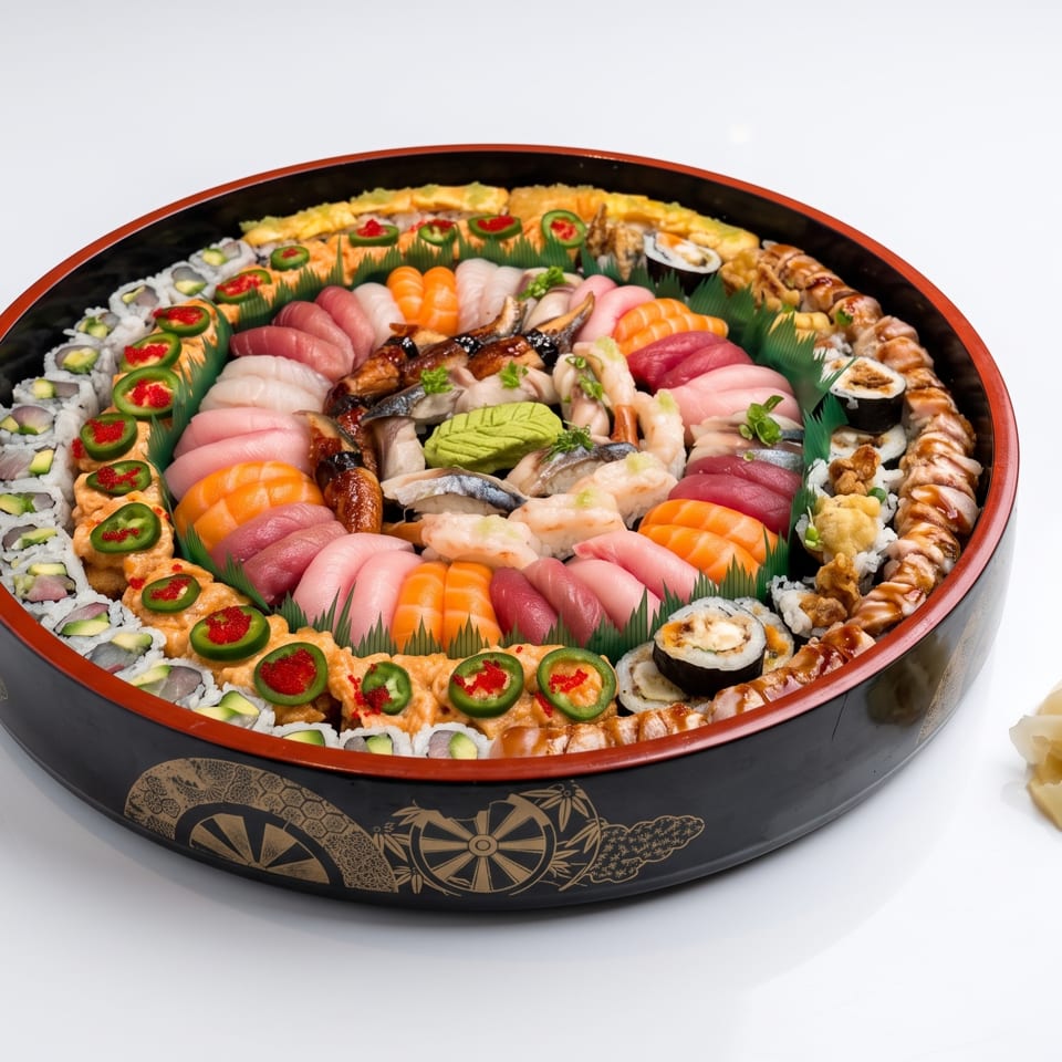 Large decorative platter filled with assorted sushi, sashimi, rolls, jalapeño-topped pieces, wasabi, and pickled ginger.