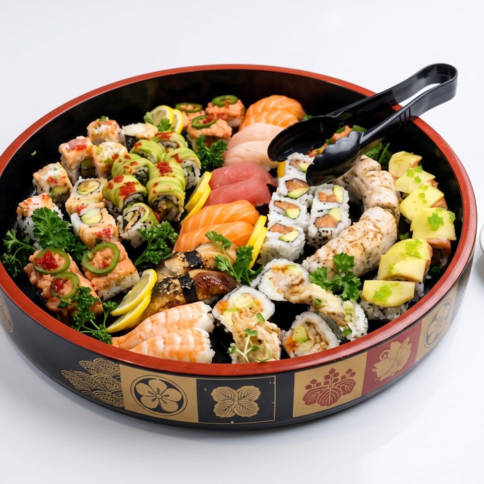 Decorative platter filled with assorted sushi rolls, nigiri, sashimi, lemon wedges, parsley, wasabi, and pickled ginger.