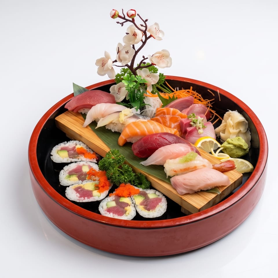 Assorted sushi and sashimi platter arranged on a wooden tray with rolls, wasabi, ginger, lemon, and orchid garnish.
